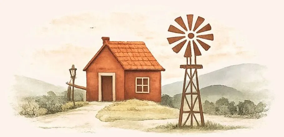 Ilustração aquarela da Chácara Mato Preto com casa rural e cata-vento